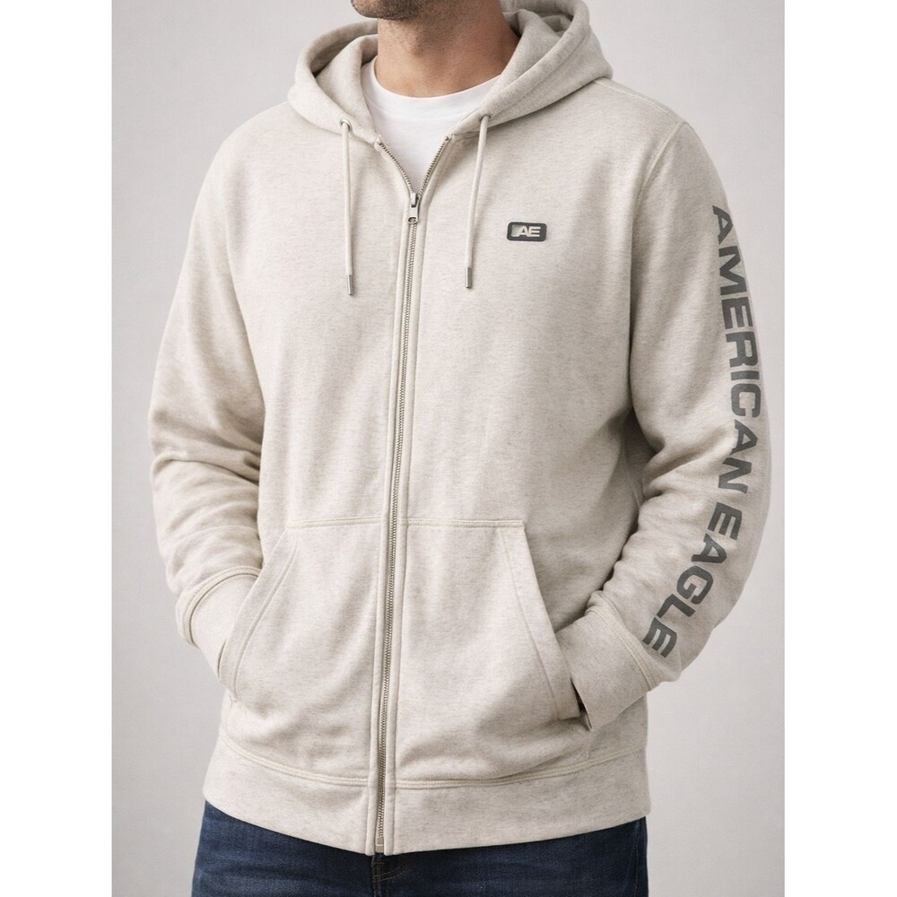American Eagle Oatmeal Gray Zip Up Hoodie L Graphic Sleeve Minimalist Athleisure